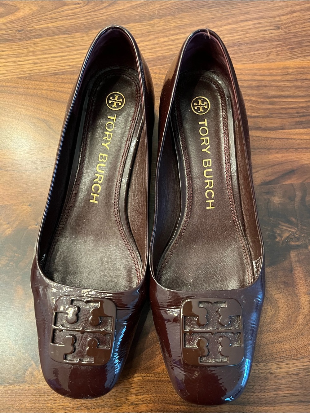 Tory Burch Burgundy Patent Logo Square-Toe Flats
